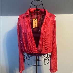 SHEIN Pink Sequin Wrap Blouse with Purple Sequin tank